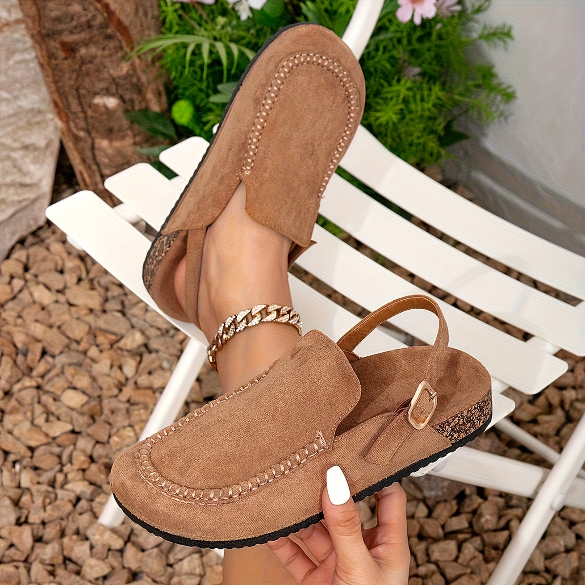 Women Slip-On Adjustable Sandals Beige Flannel Non-Slip Loafers Indoor Outdoor