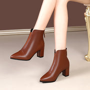Women's Faux Leather Pointed Toe Chunky Heel Ankle Boots Brown Versatile