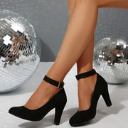 Women's Chunky Heel Pumps with Ankle Strap Non-Slip Rubber Sole Black Red