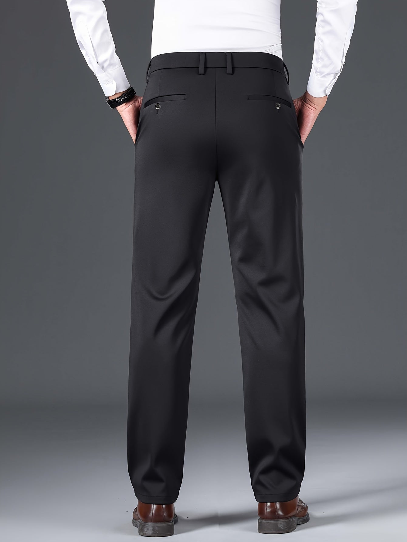 Men's Elastic Casual Pants Summer Wrinkle-Free Polyester Skinny Fit Belted