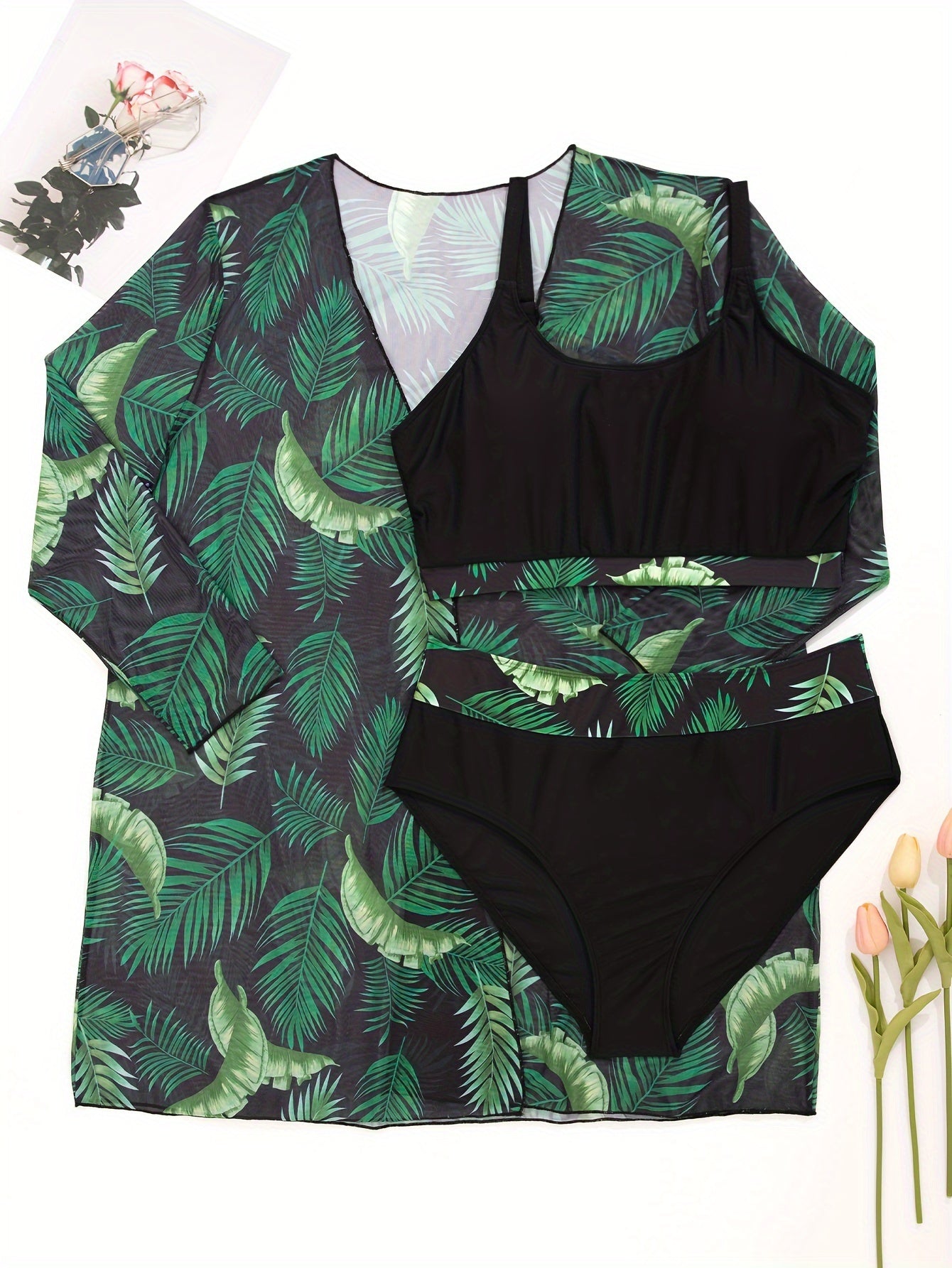 Katta o'lchamdagi ayollar uchun tropik bosma uzun qoʻlqopli qopqogʻi, rang blokli detall bilan