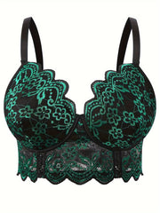 Plus Size Women's Jacquard Lace Front Closure V-Neck Bra Black Green Floral