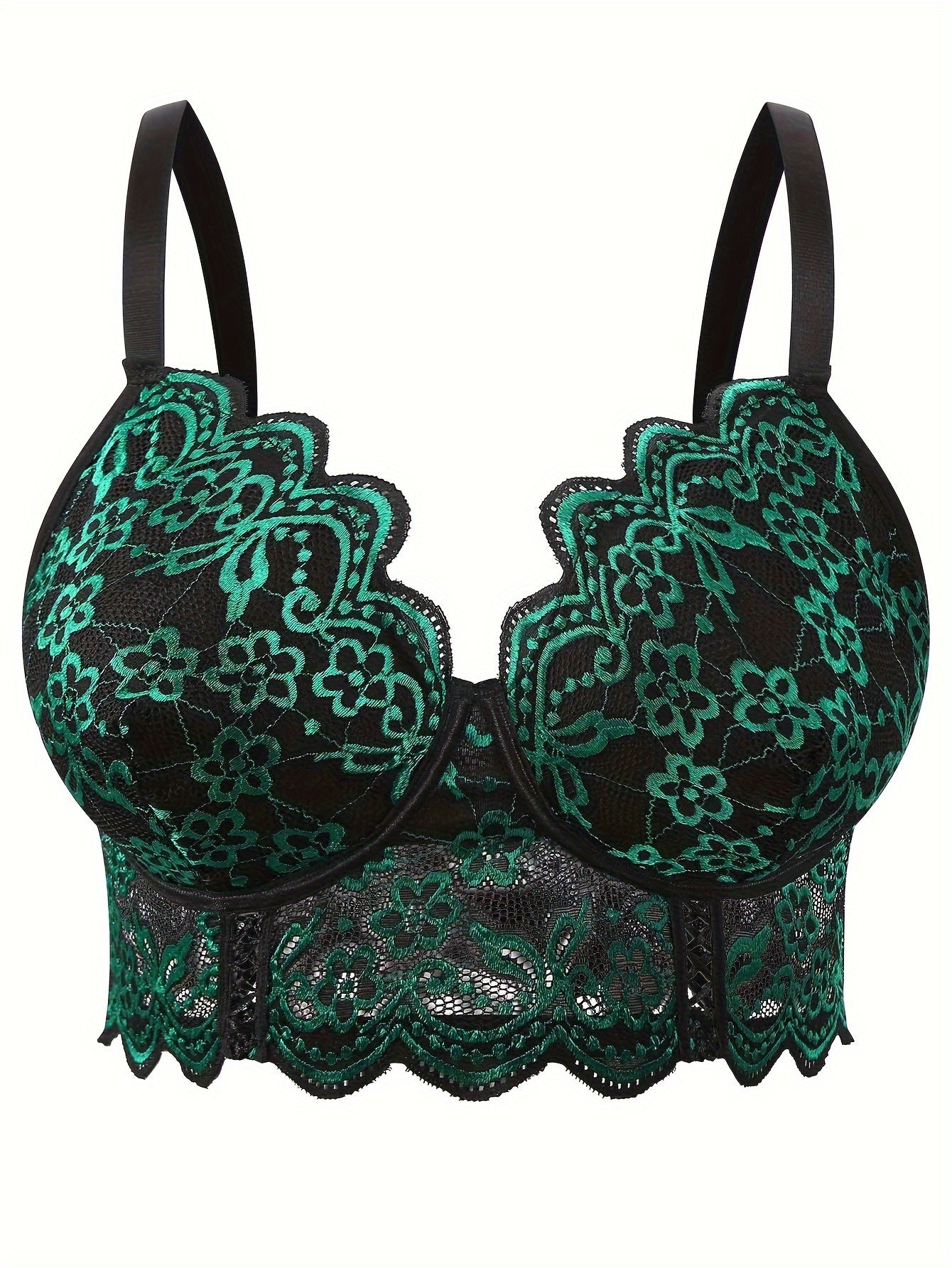 Plus Size Women's Jacquard Lace Front Closure V-Neck Bra Black Green Floral