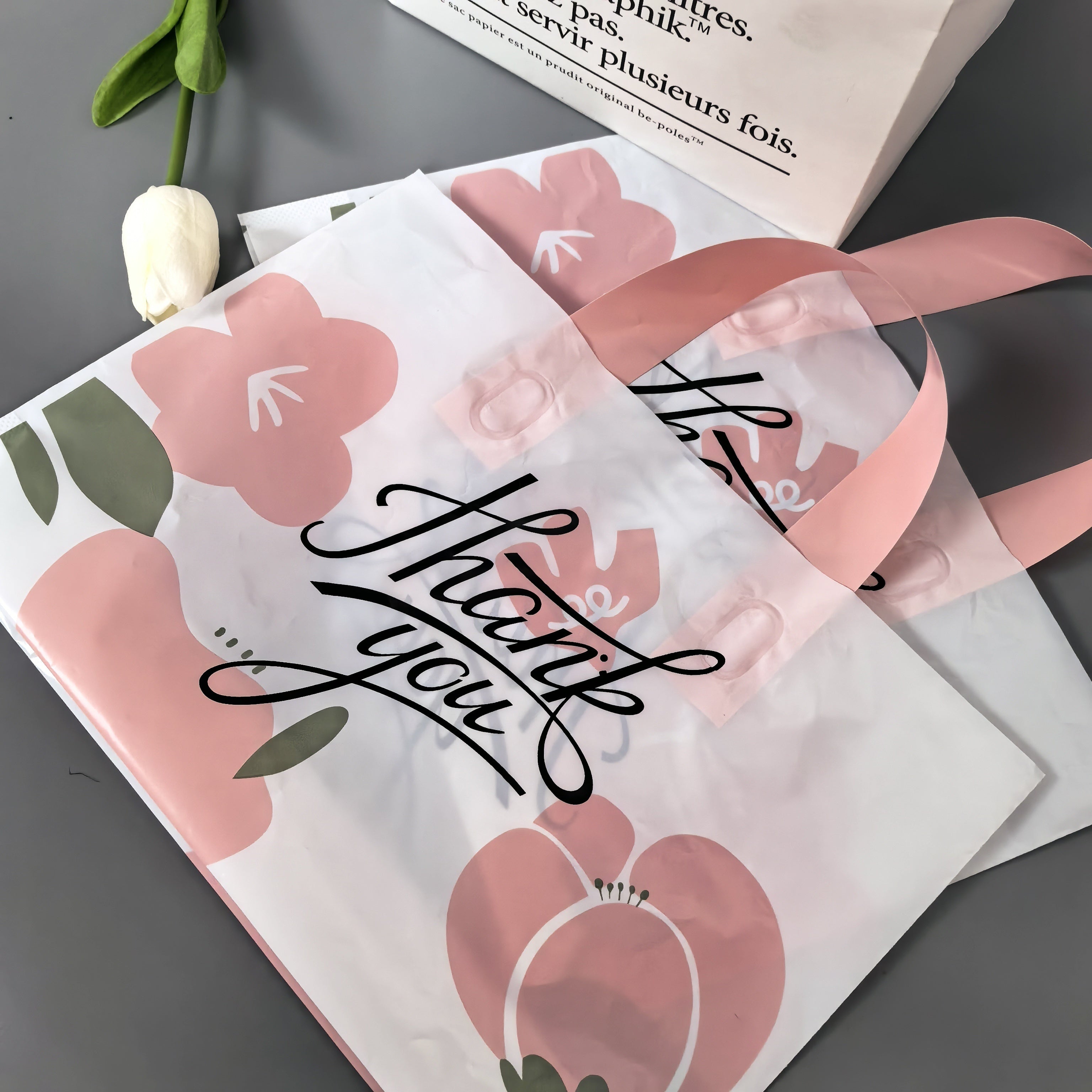 Pack of 50 Floral Gift Bags Plastic Tote for Weddings Birthdays Holidays