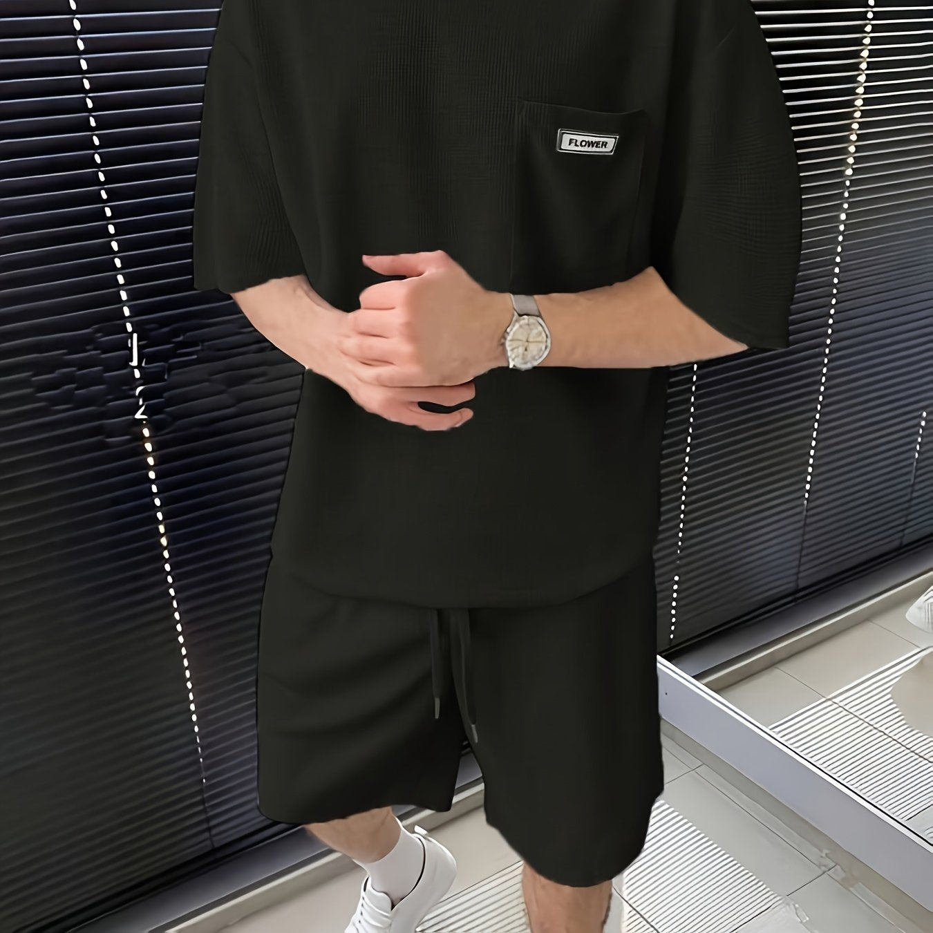 Men's Summer Casual Polyester Knit Shorts Sports Suit Solid Color Crew Neck Regular Fit