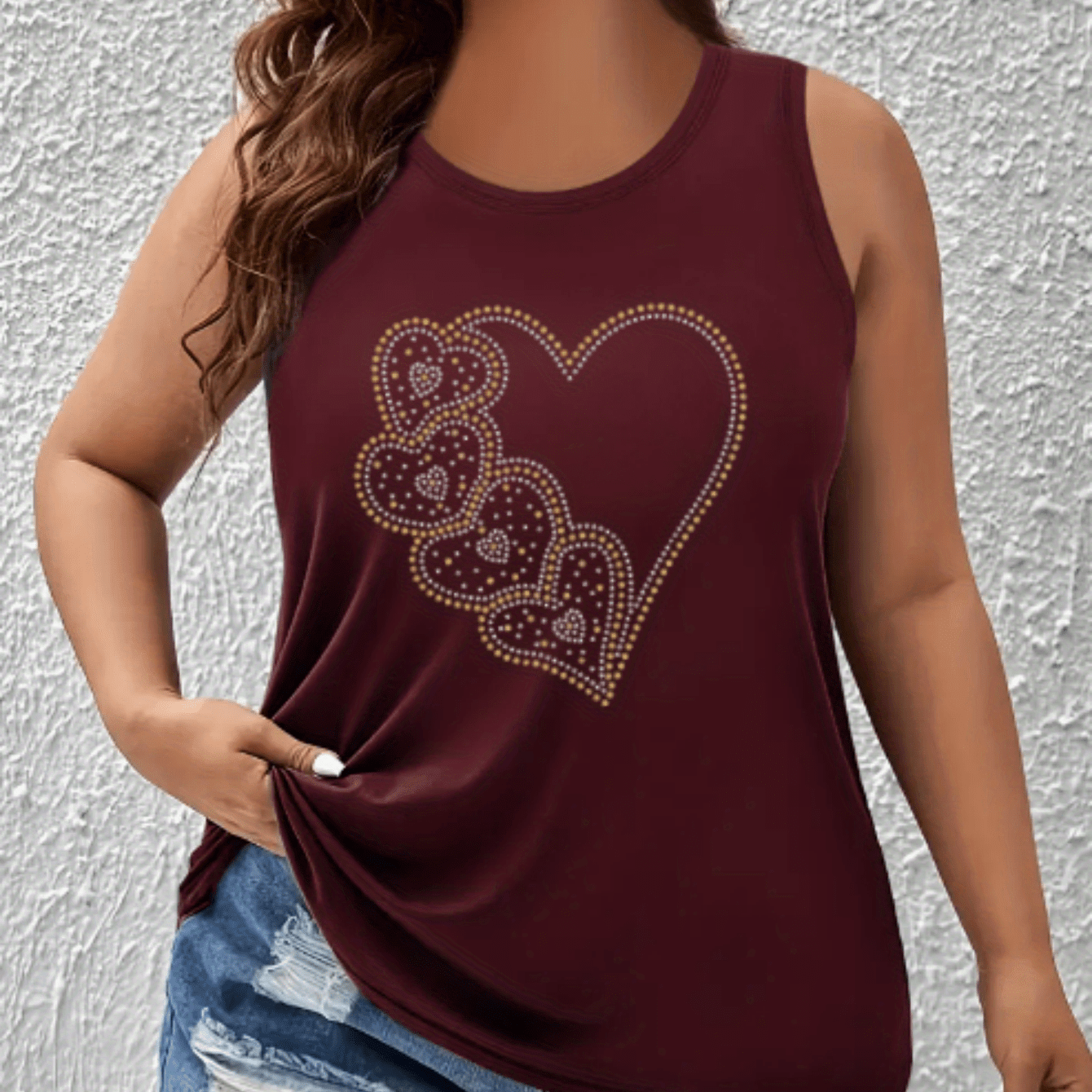 Plus Size Women's Heart Print Tank Top Off-Shoulder Breathable Stretchy Summer Casual