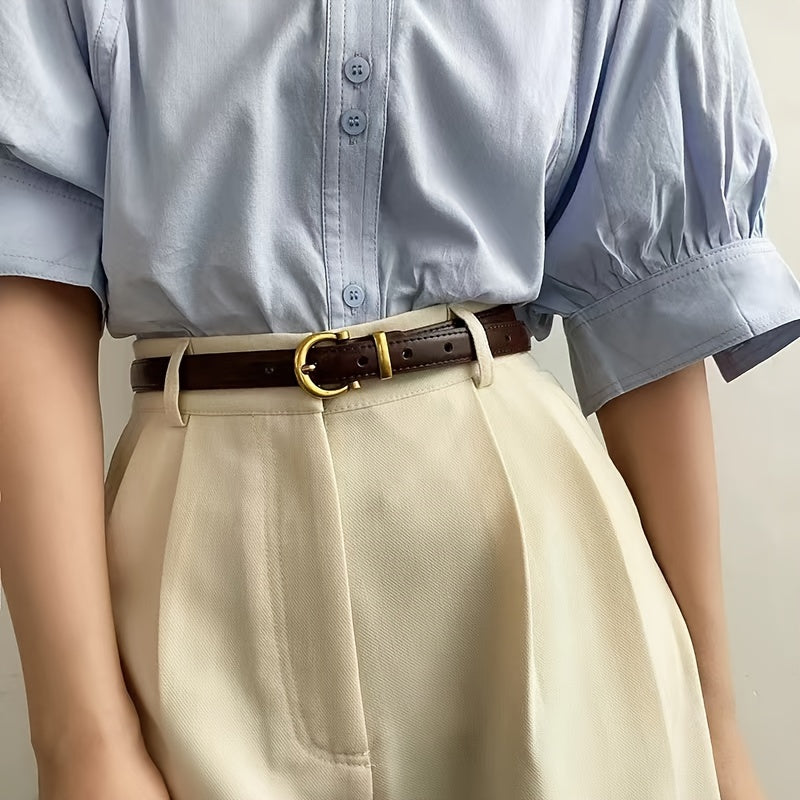 Women's Faux Leather Belt Retro Style Gold Buckle Solid Color Waistband for Jeans