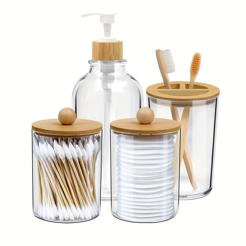 Set of 4 Bamboo Bathroom Accessories Boho Decor Waterproof Plastic Storage Jar Dispenser