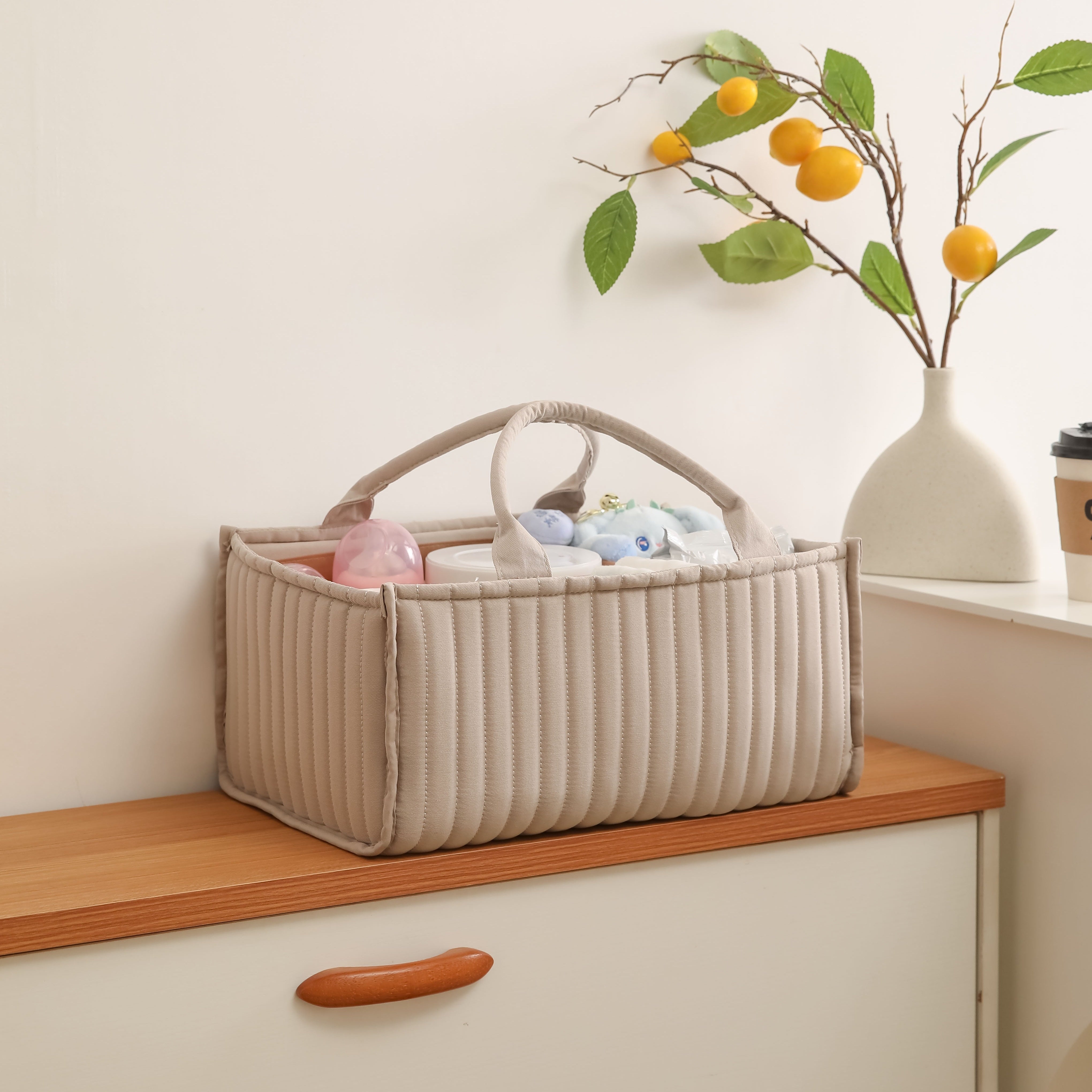 Nursery Storage Basket with Handle for Diapers Clothes and Toys Gray Polyamide