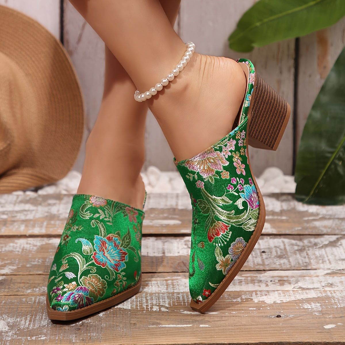 Women's Embroidered Pointed Toe Mules Green Blue Floral Slip-On Shoes