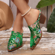 Women's Embroidered Pointed Toe Mules Green Blue Floral Slip-On Shoes