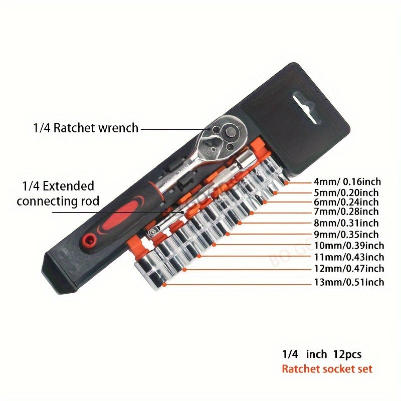 12-Donali 1/4-Inch ratchet kaliti to'plami, 10-Donali Cr-V metrik uzatmalarli qopqog'lar, 4-13mm bardoshli po'latdan tayyor socket to'plami, DIY va professional foydalanish uchun