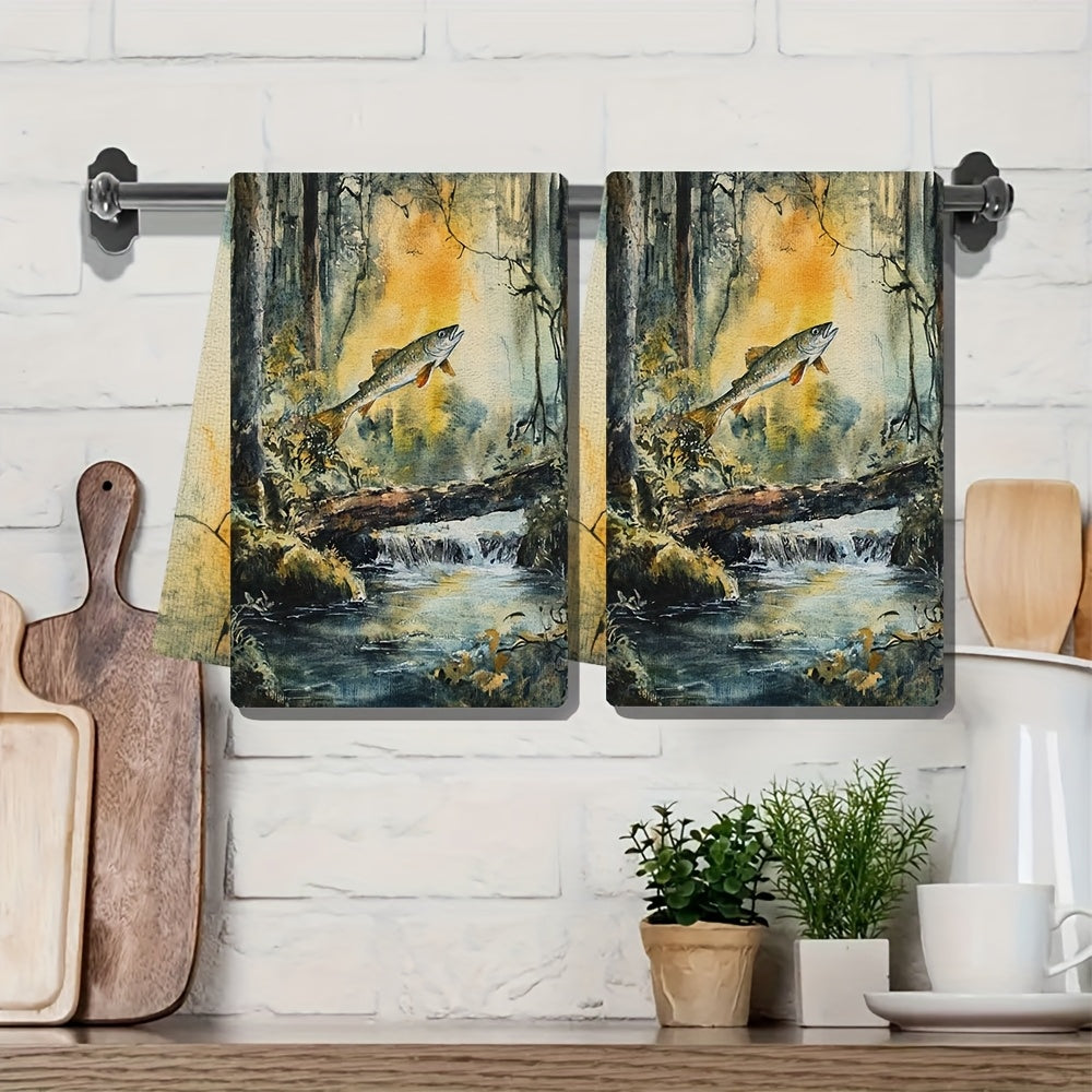 2 ta Ultra Soft oshxona sochiqlari to'plami 40x60cm, suv o'tkazmaydigan, o'rmon daryosi dizayni