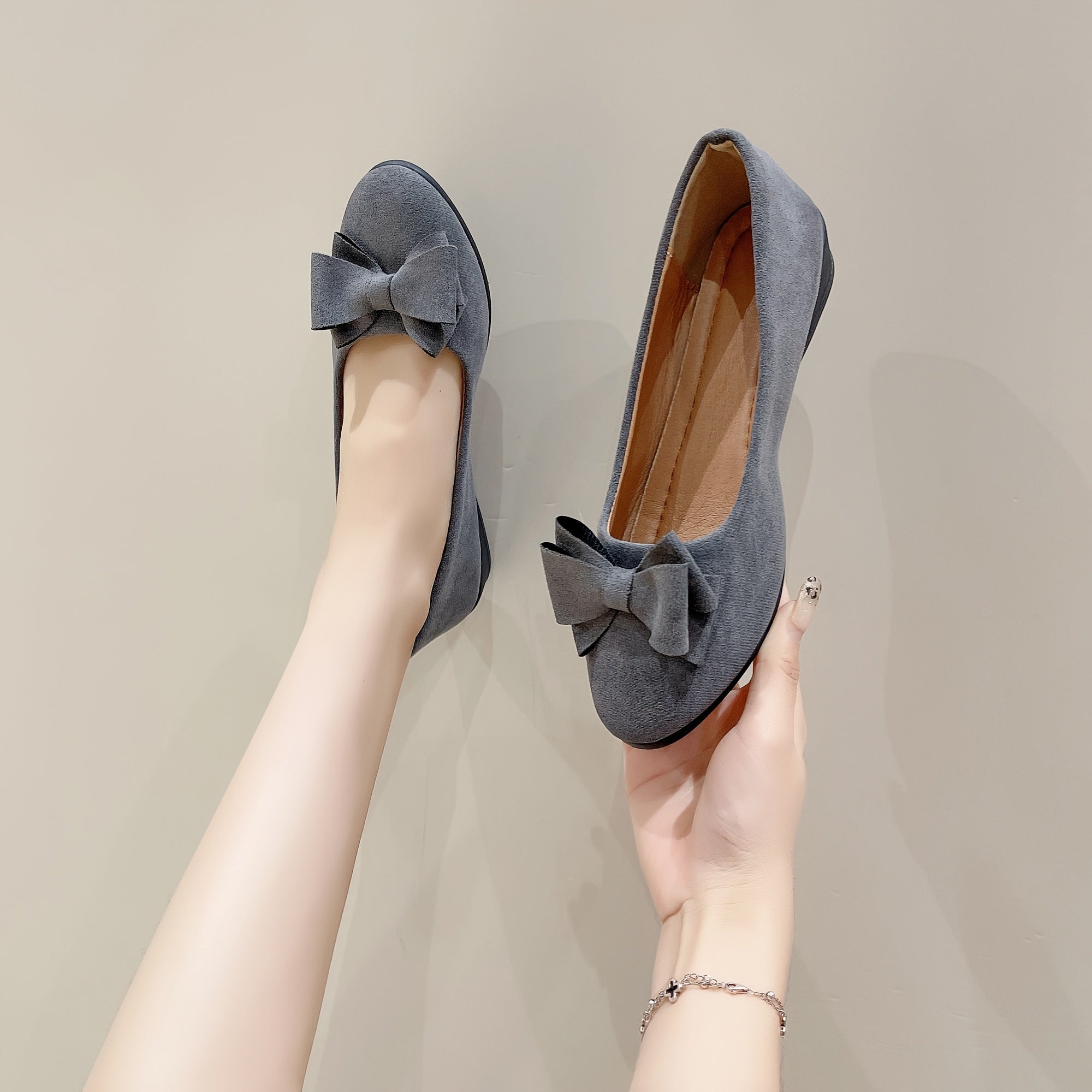 Women's Solid Color Handmade Bow Wedge Pumps Comfortable Round Toe Casual Shoes