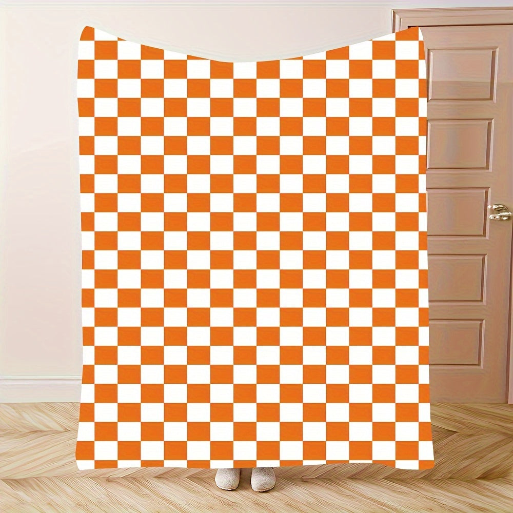 Orange and White Checkered Fleece Throw Blanket with Geometric Pattern for All Seasons