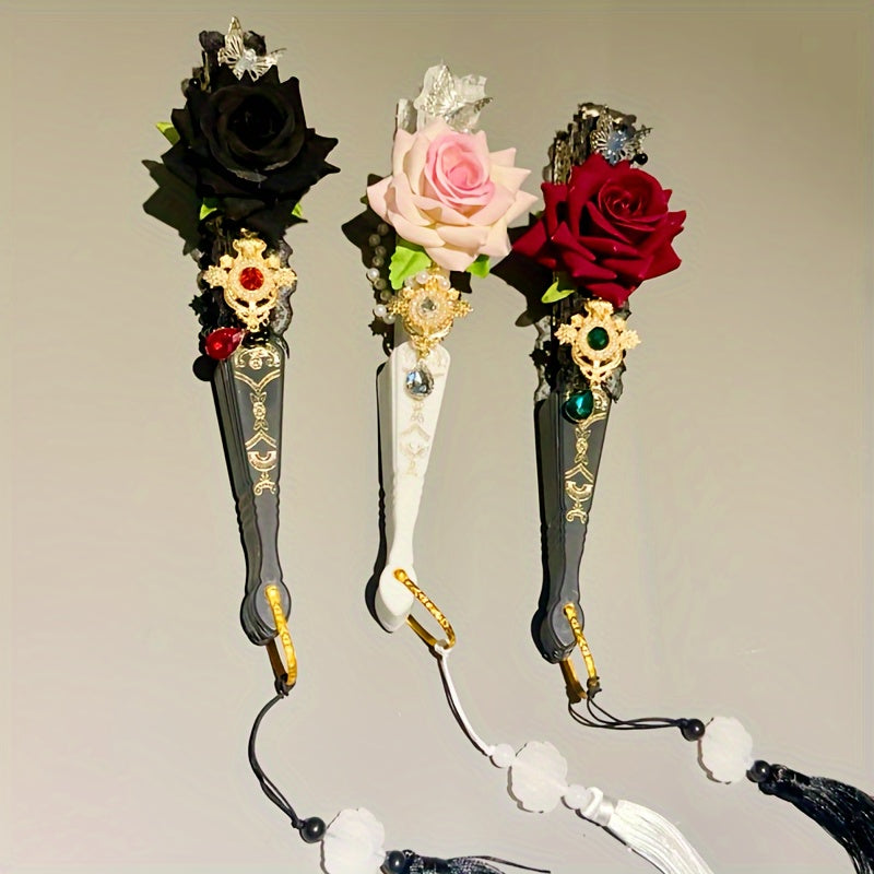 Golden Foil Folding Fan with Baroque Rose Design and Tassel for Women