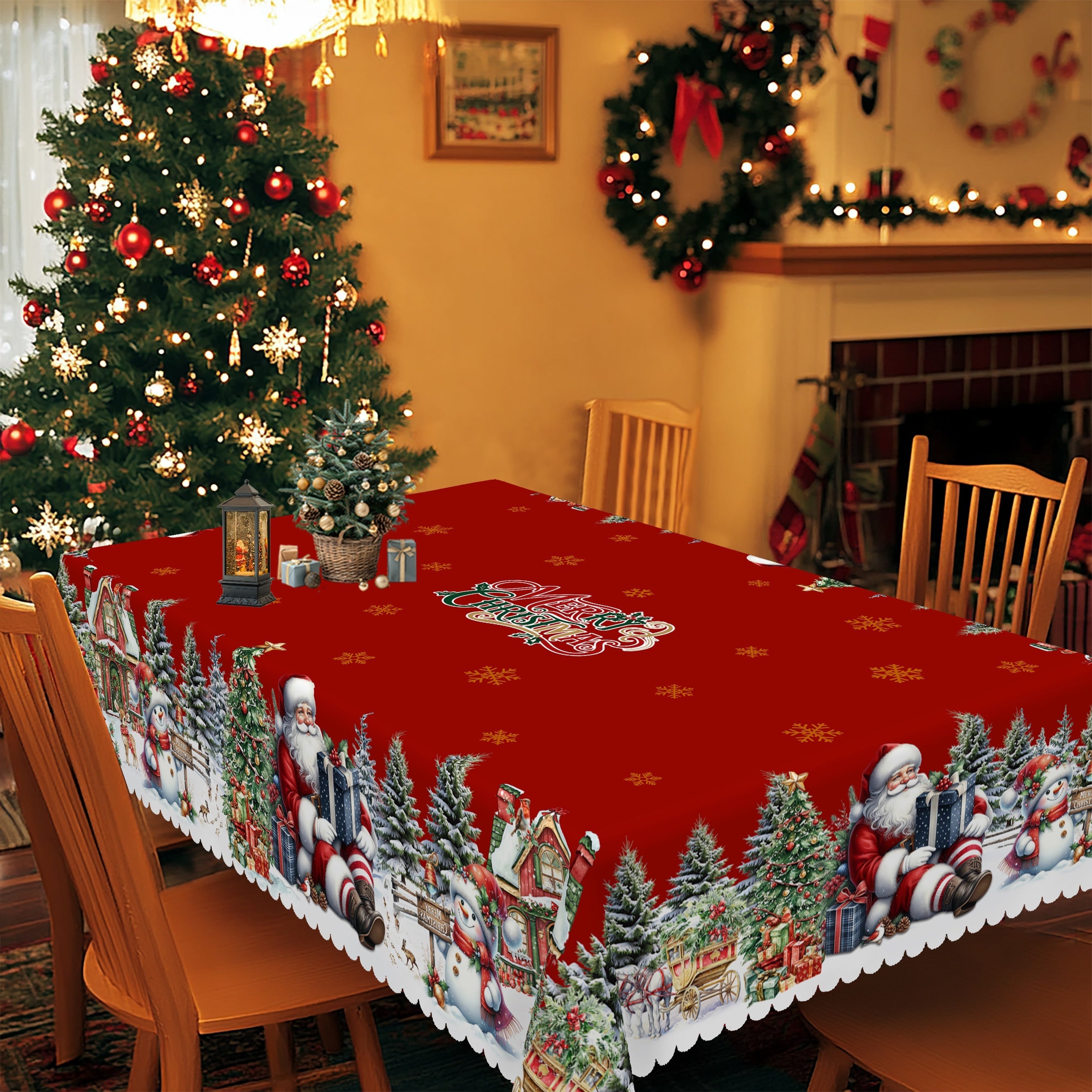 Christmas Tablecloth with Santa Snowman and Tree Patterns Polyester for Round and Rectangular Tables