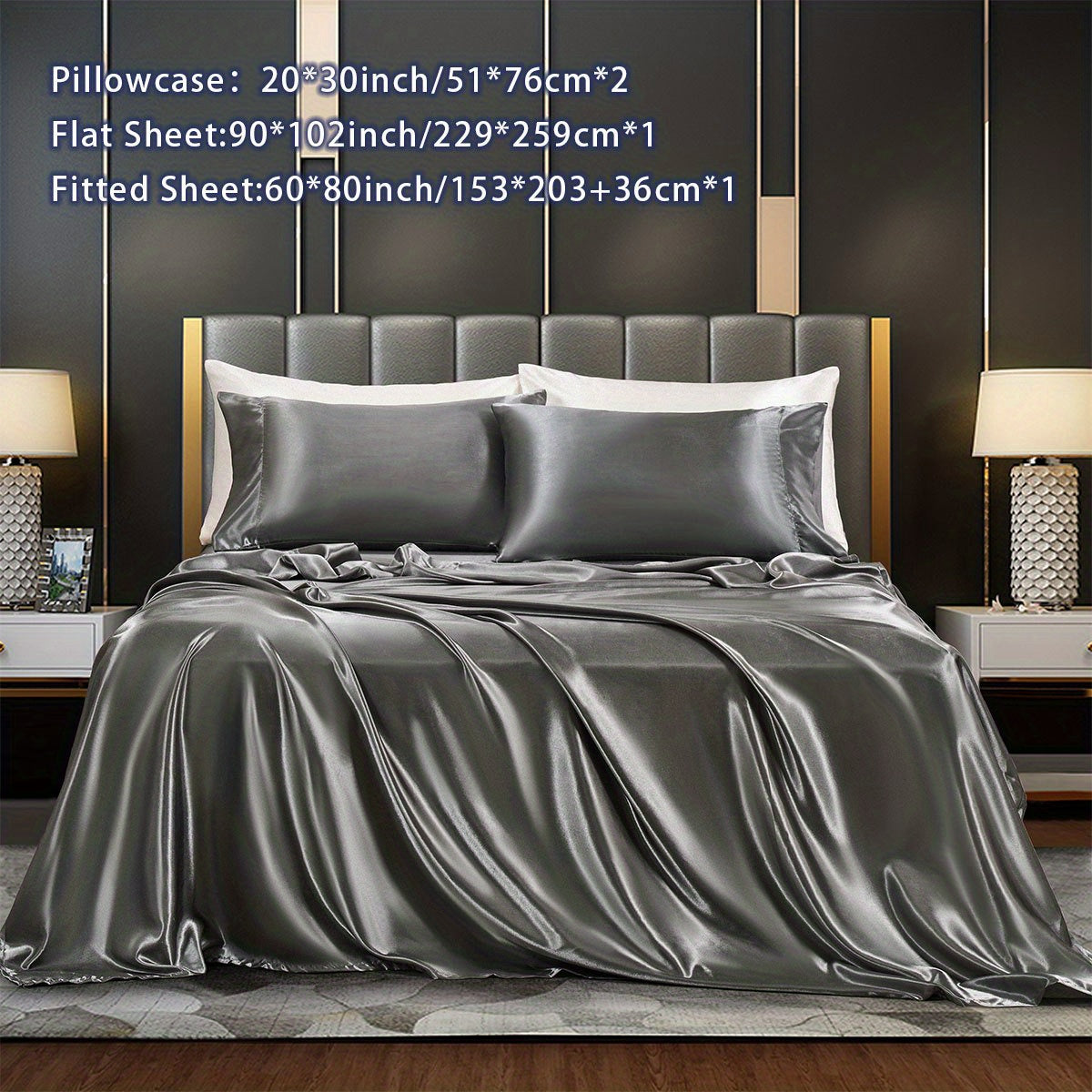 Satin Bed Sheets Set Fitted and Flat Sheets with Pillowcases for Bedroom