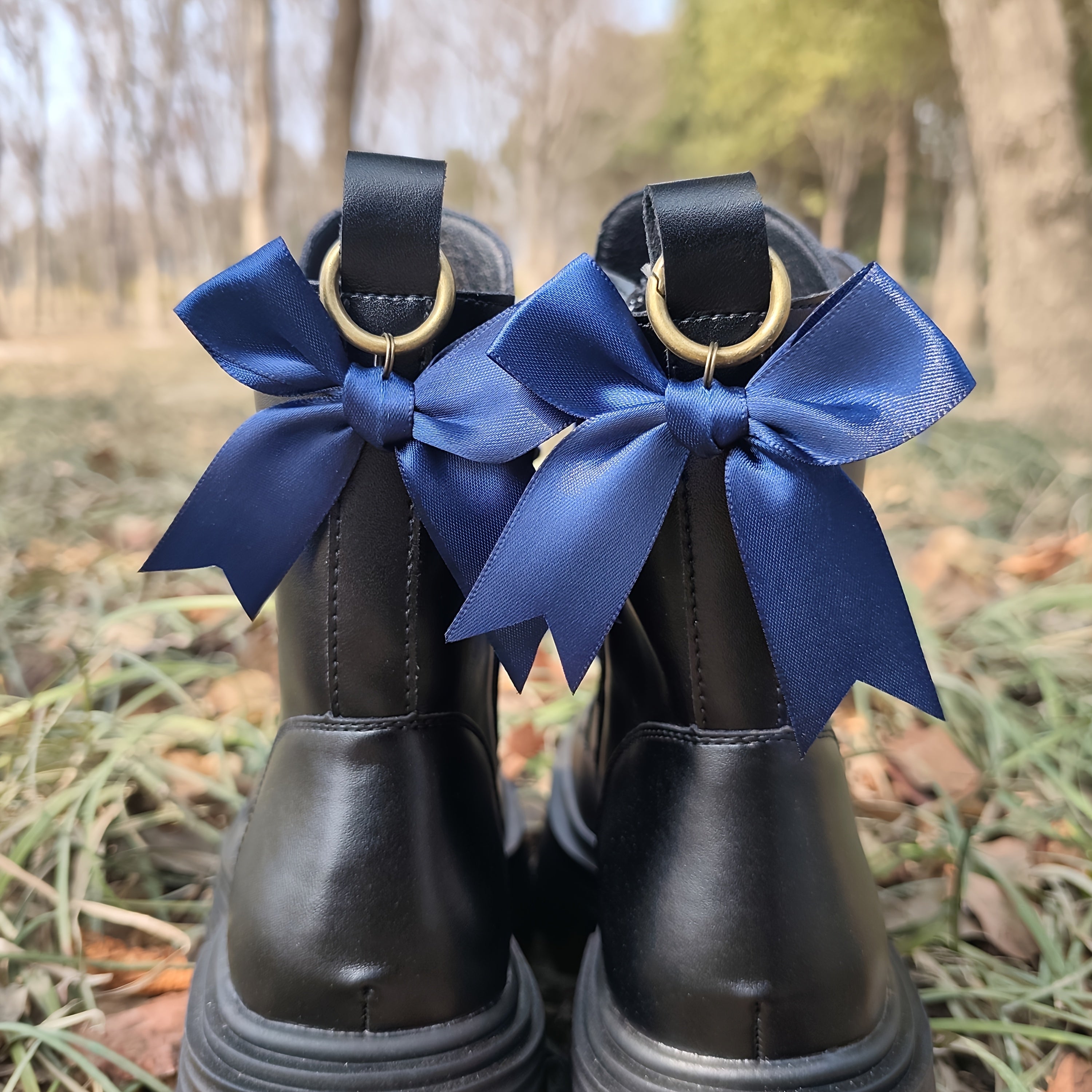 Women Girls Black Pink Satin Bow Shoe Charms Footwear Accessories 2 Pcs