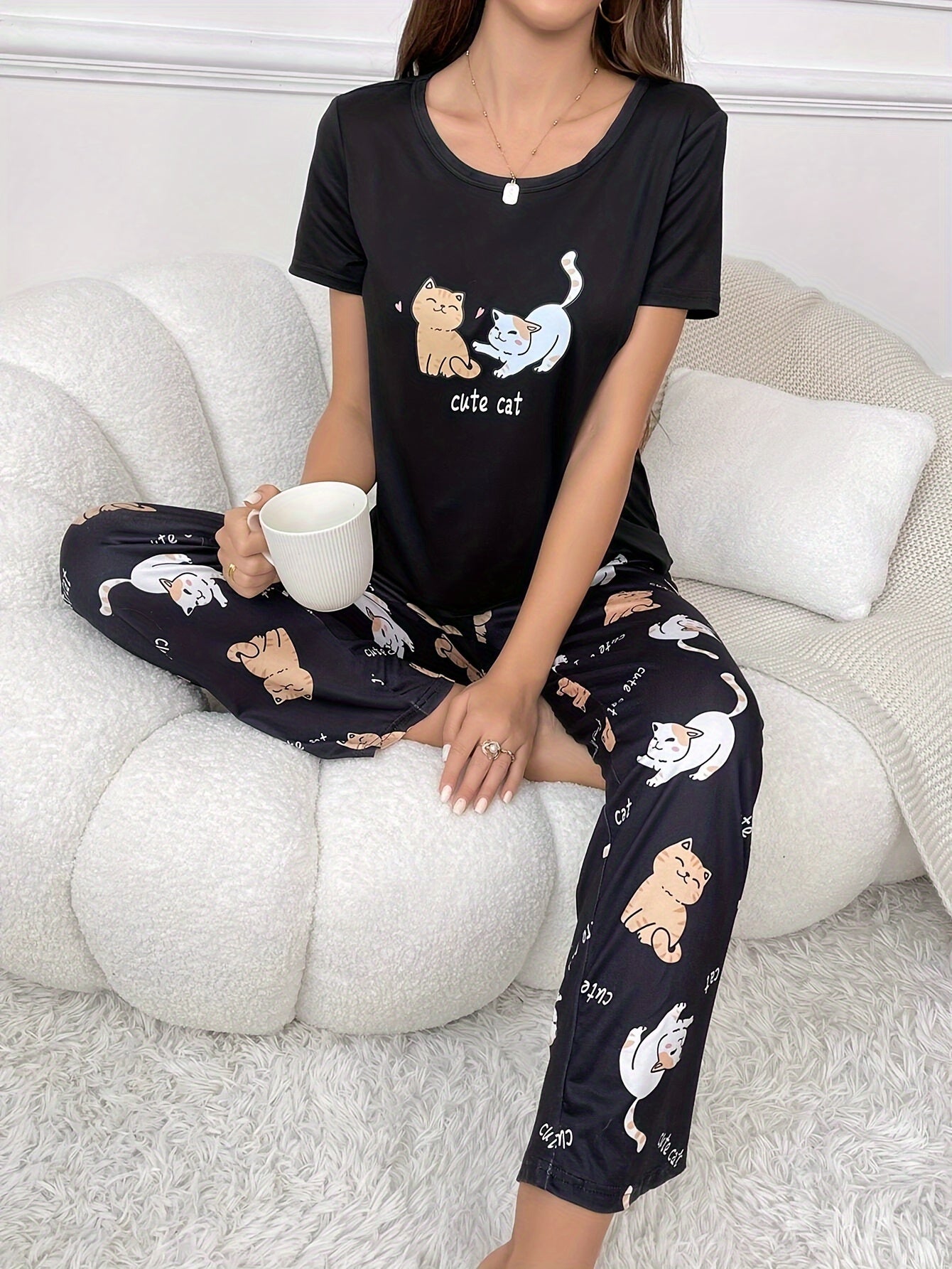 Plus Size Animal Print Polyester Knit Pajama Set for Adults