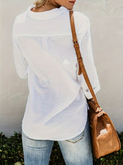 Women's Orange Cotton Blouse with V-Neck Button Front and Rolled Cuffs for Spring Fall