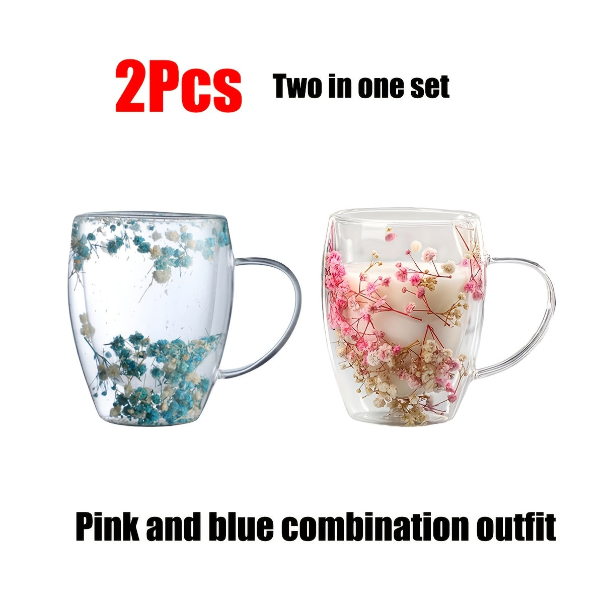 Glass Cups with Dried Flowers 11.83oz Vintage Gypsophila Pattern Reusable