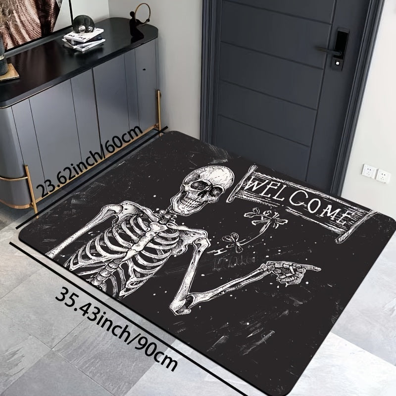 Skeleton Welcome Doormat Indoor Polyester Flannel Rectangle Entryway Mat