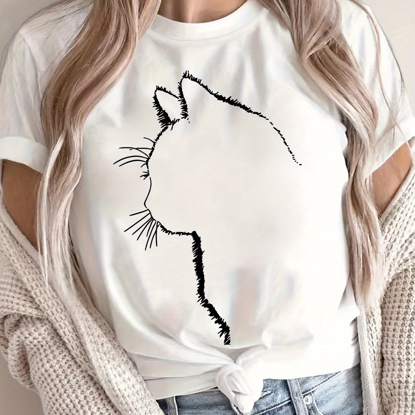 Women's Oversized Cotton Cat Graphic T-Shirt Casual Short Sleeve All-Season