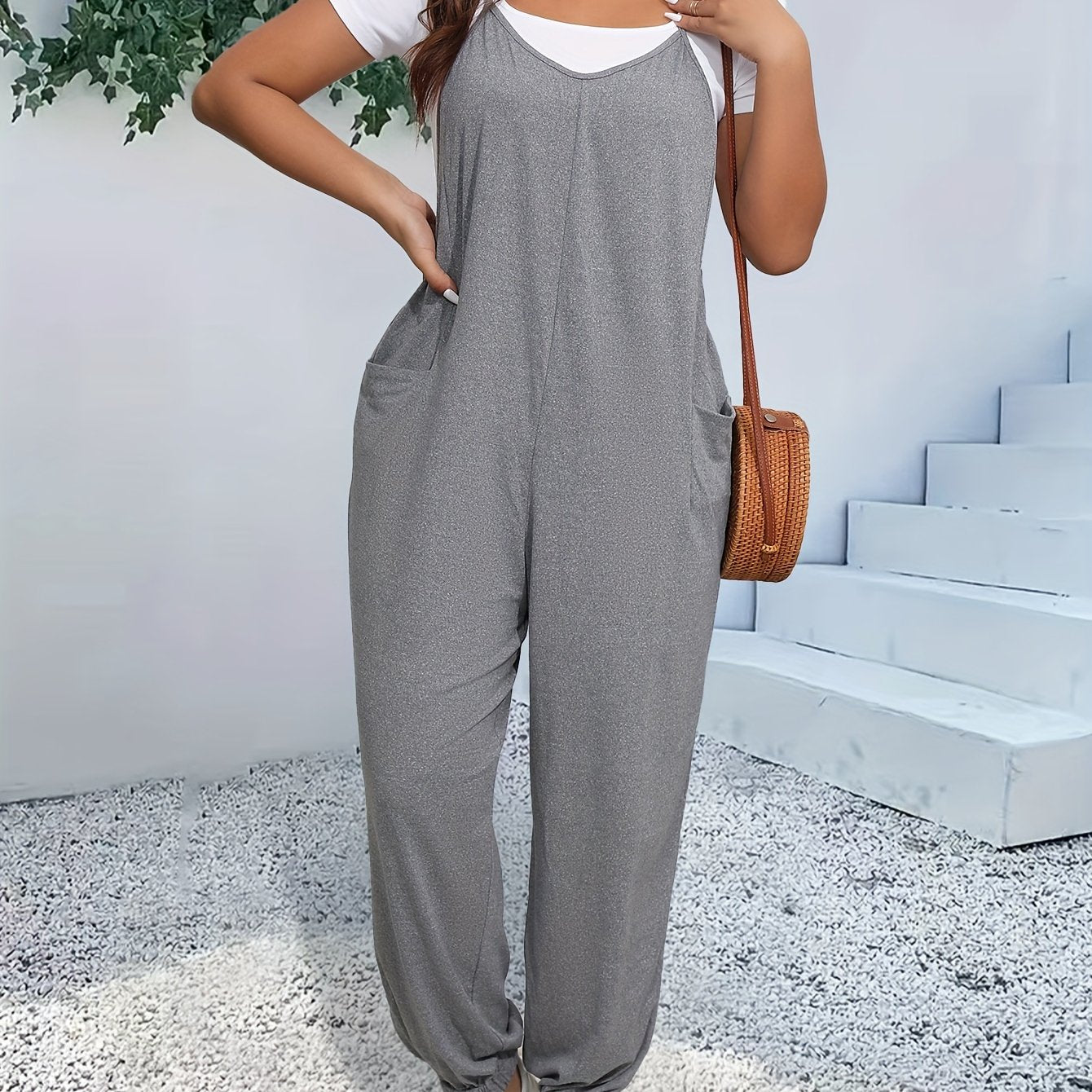 Plus Size Casual V-Neck Jumpsuit with Pockets Polyester Knit Spring Summer Fall