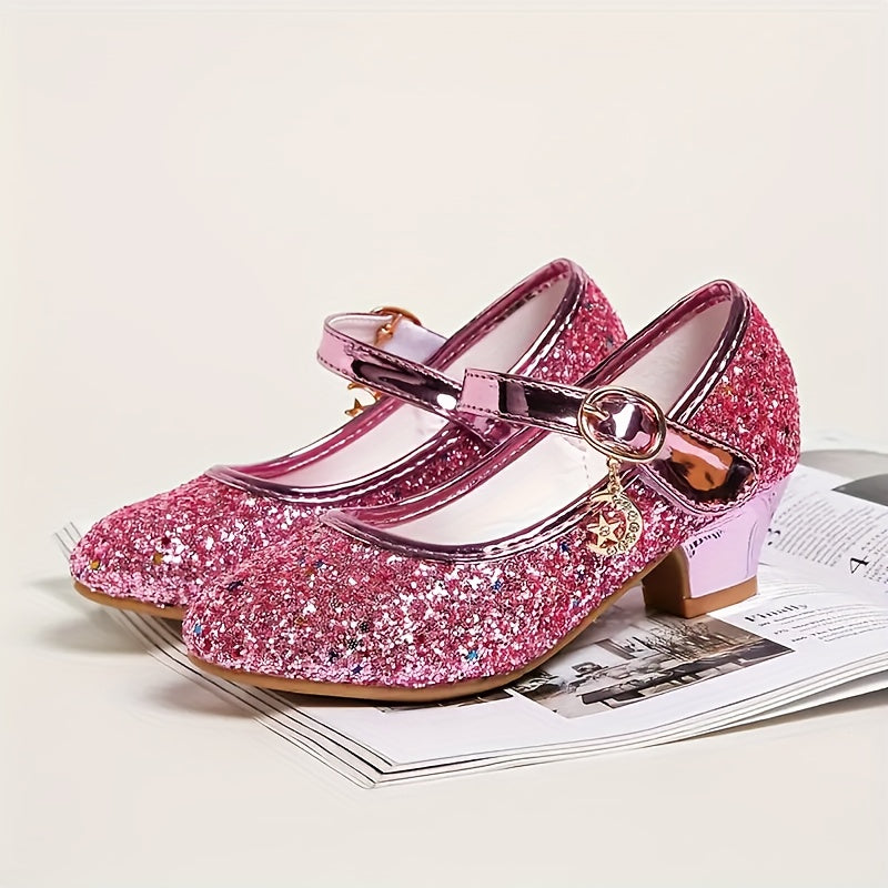 Girls' Crystal High-Heeled Shoes with Glitter and Sequins for Weddings and Parties