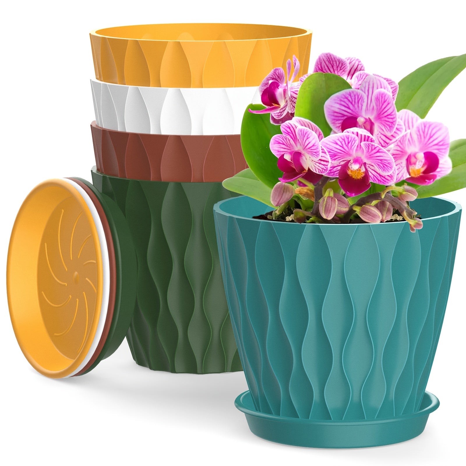 5-Piece Set of 10.16cm Bohemian Striped Plastic Plant Pots with Drainage Holes for Indoor Outdoor Succulents Aloe Snake Plants