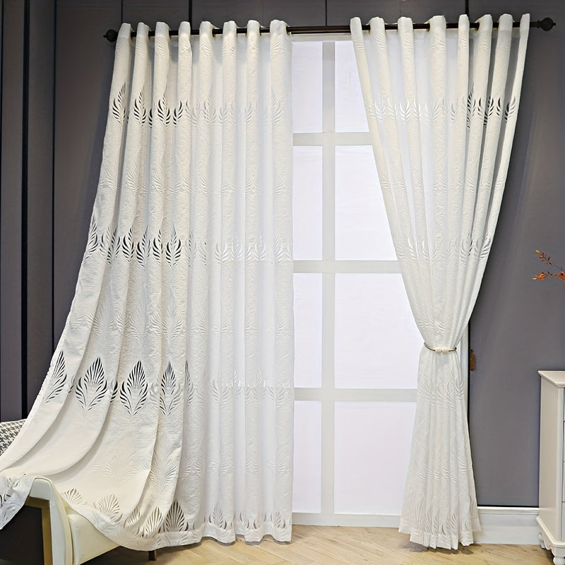 White Sheer Curtain with Feather Leaf Jacquard Grommet Top for Living Room Bedroom