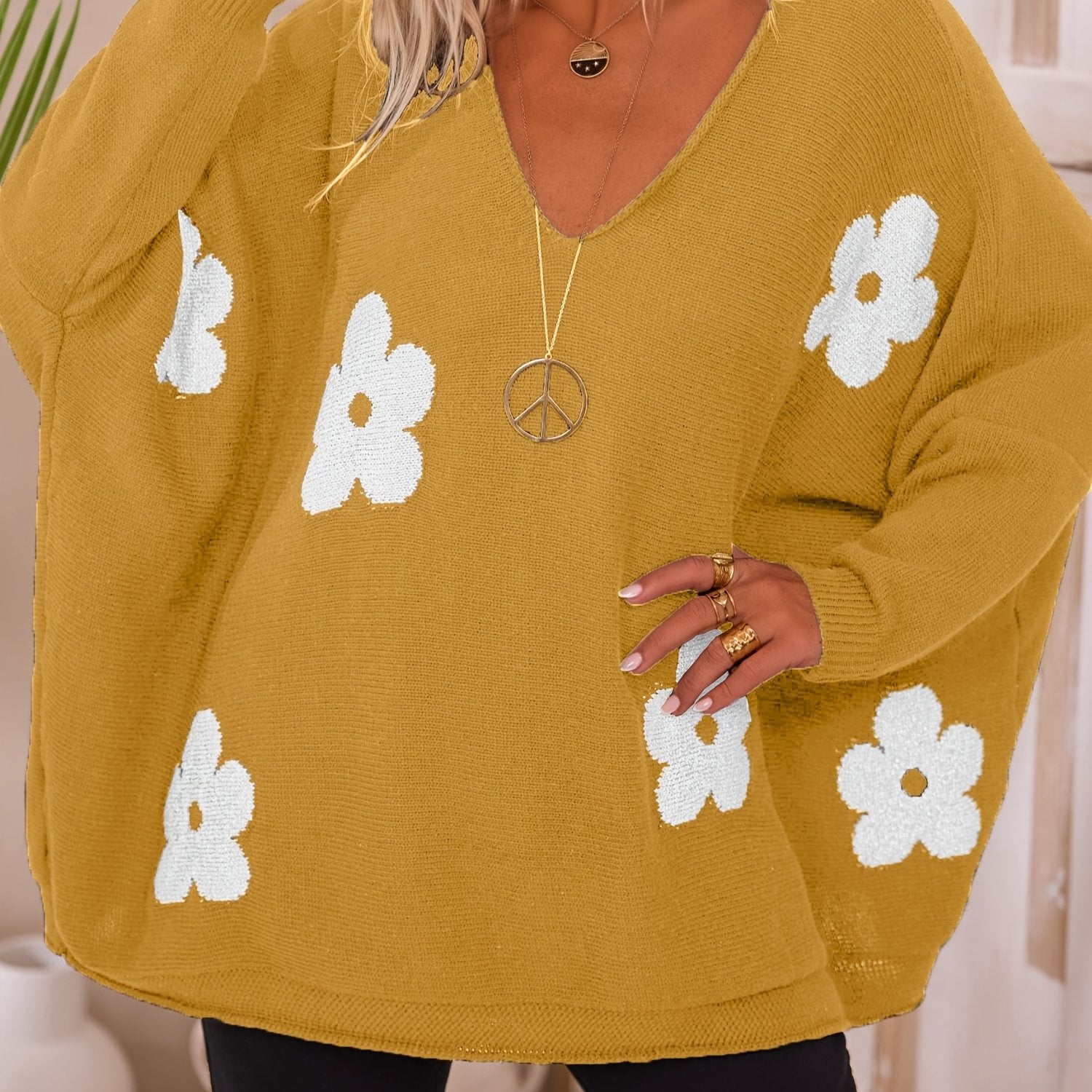 Женский свитер с V-образным вырезом и цветочным принтом plus size, темно-синий, с длинными рукавами