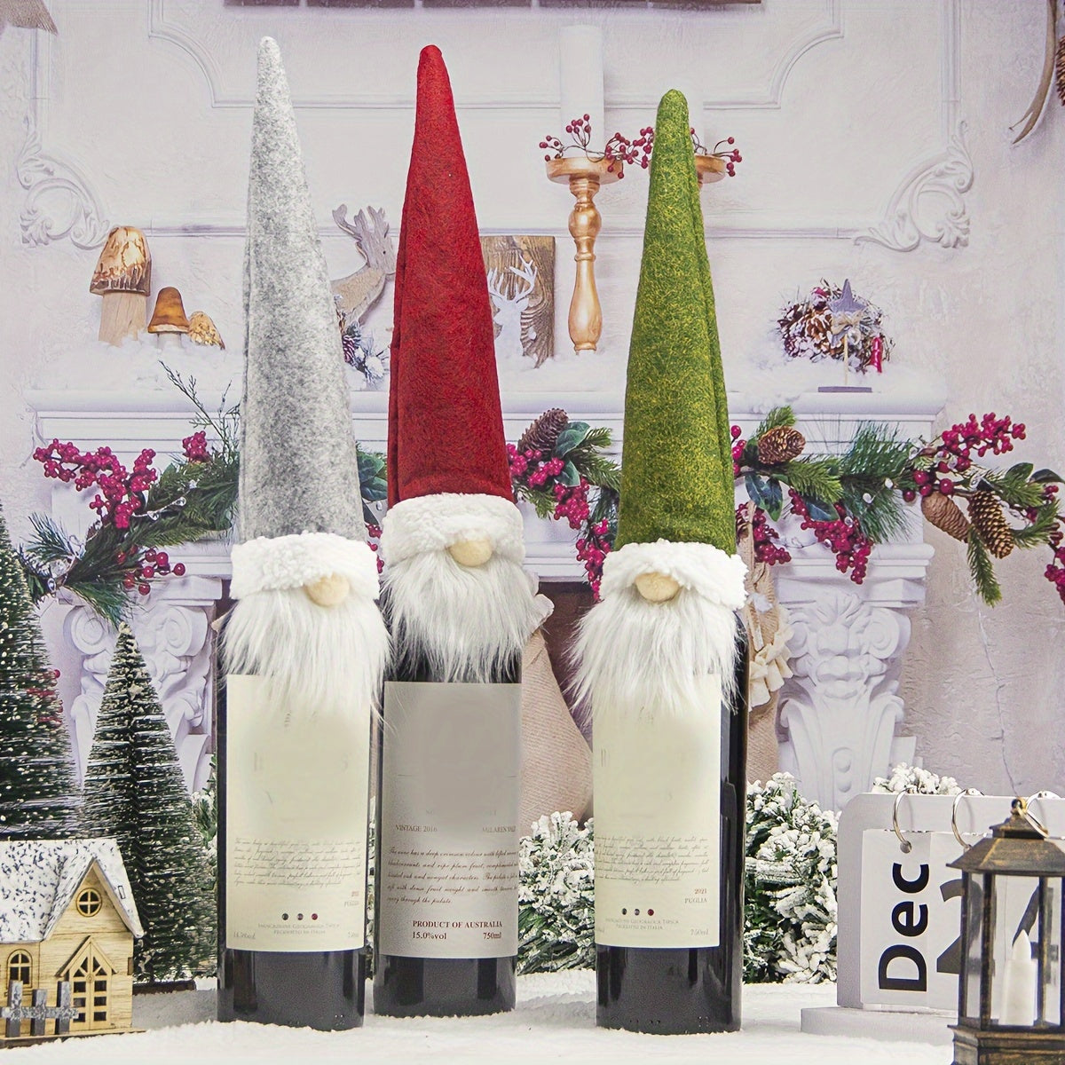 Festive Gnome Wine Bottle Cover 33cm Tall Holiday Party Decor in 3 Colors
