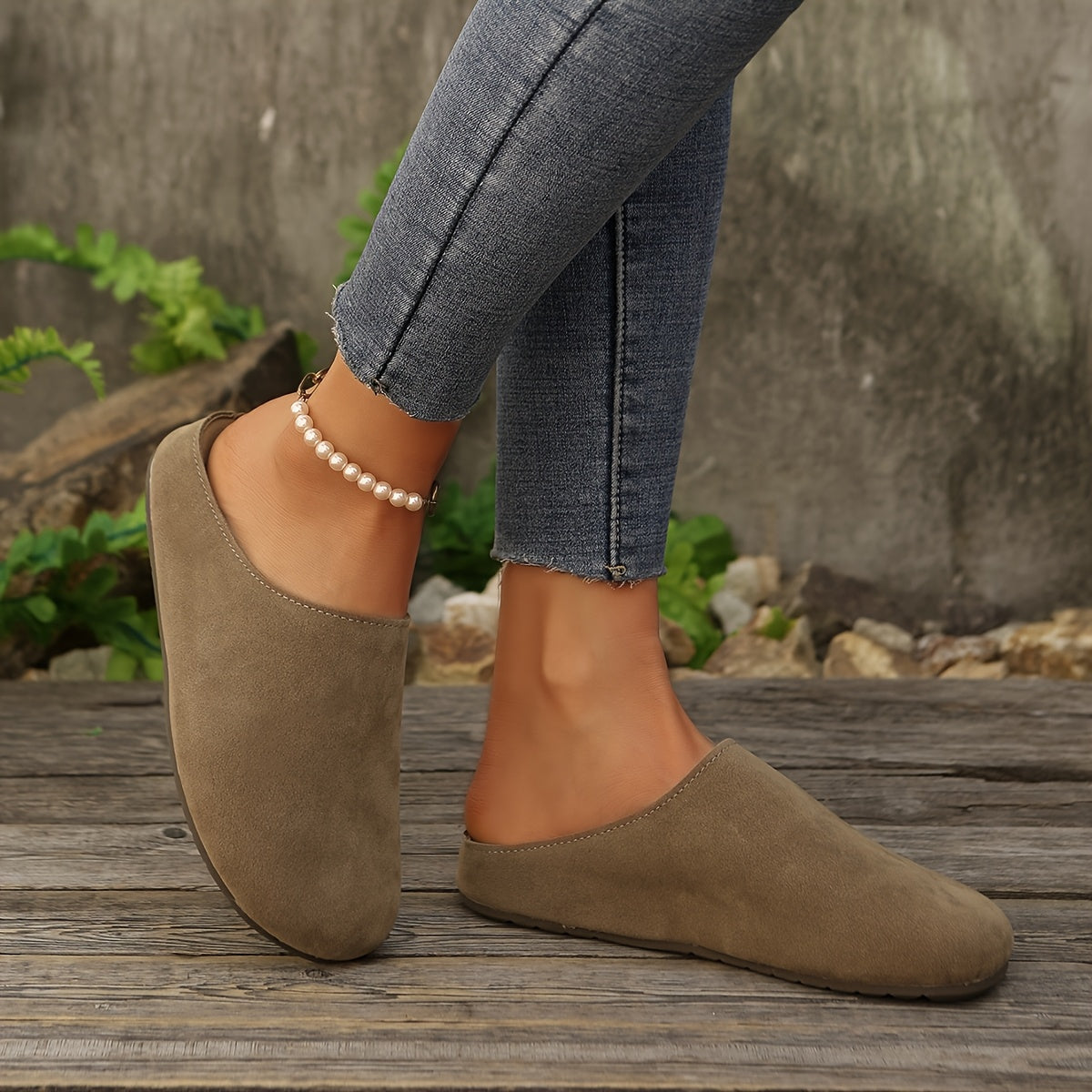 Women's Faux Cover Mules with Arch Support and Non-Slip Sole in Beige