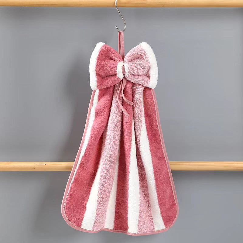 Velvet Towel with Stripes and Bow Design for Bathroom Use 1pc