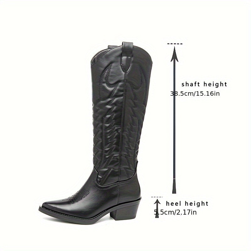 Women's Black Western Cowboy Boots Pointed Toe Chunky Heel Zipper