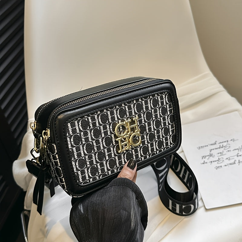 Korean Style Crossbody Bag with Contrast PU Shoulder Strap and Letter Print