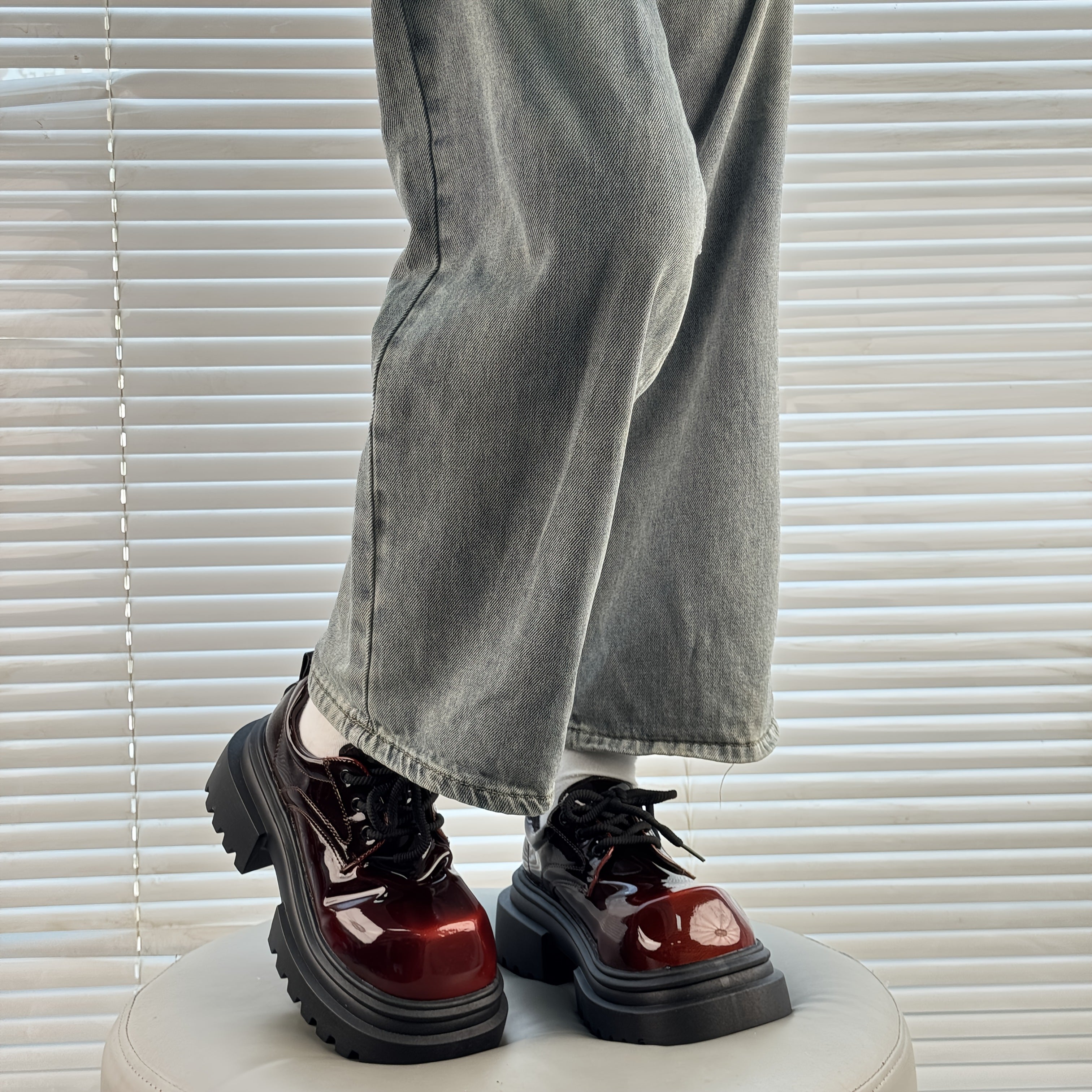 Women's Burgundy PU Chunky Shoes Non-Slip Rubber Sole For Formal & Casual