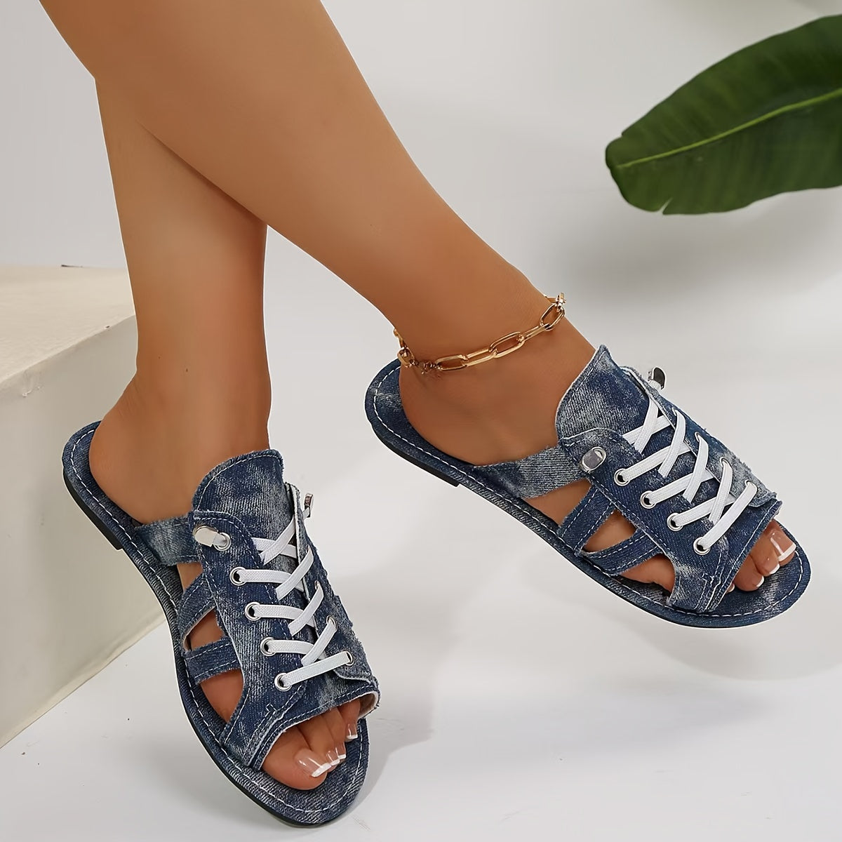 Women Denim Flat Sandals Open Toe Slip-On Casual Shoes for Summer Outdoor