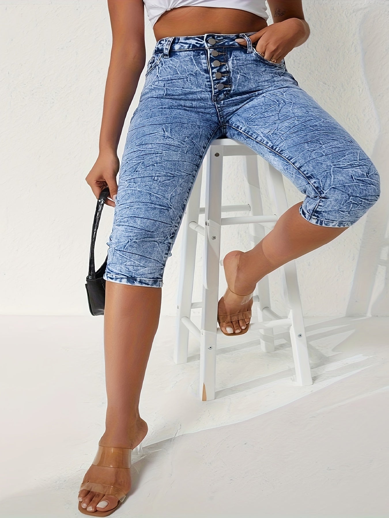 Women's High Elastic Seven-Eighth Jeans Comfortable Stretch Denim