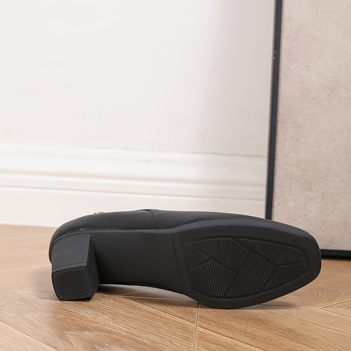 Women's Black Faux Leather Square Toe Pumps with Buckle, Mid-Chunky Heel