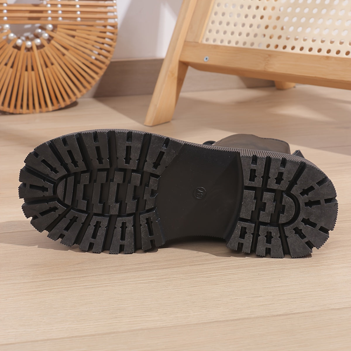 Women's Leather Motorcycle Boots with Side Zip and Thick Sole