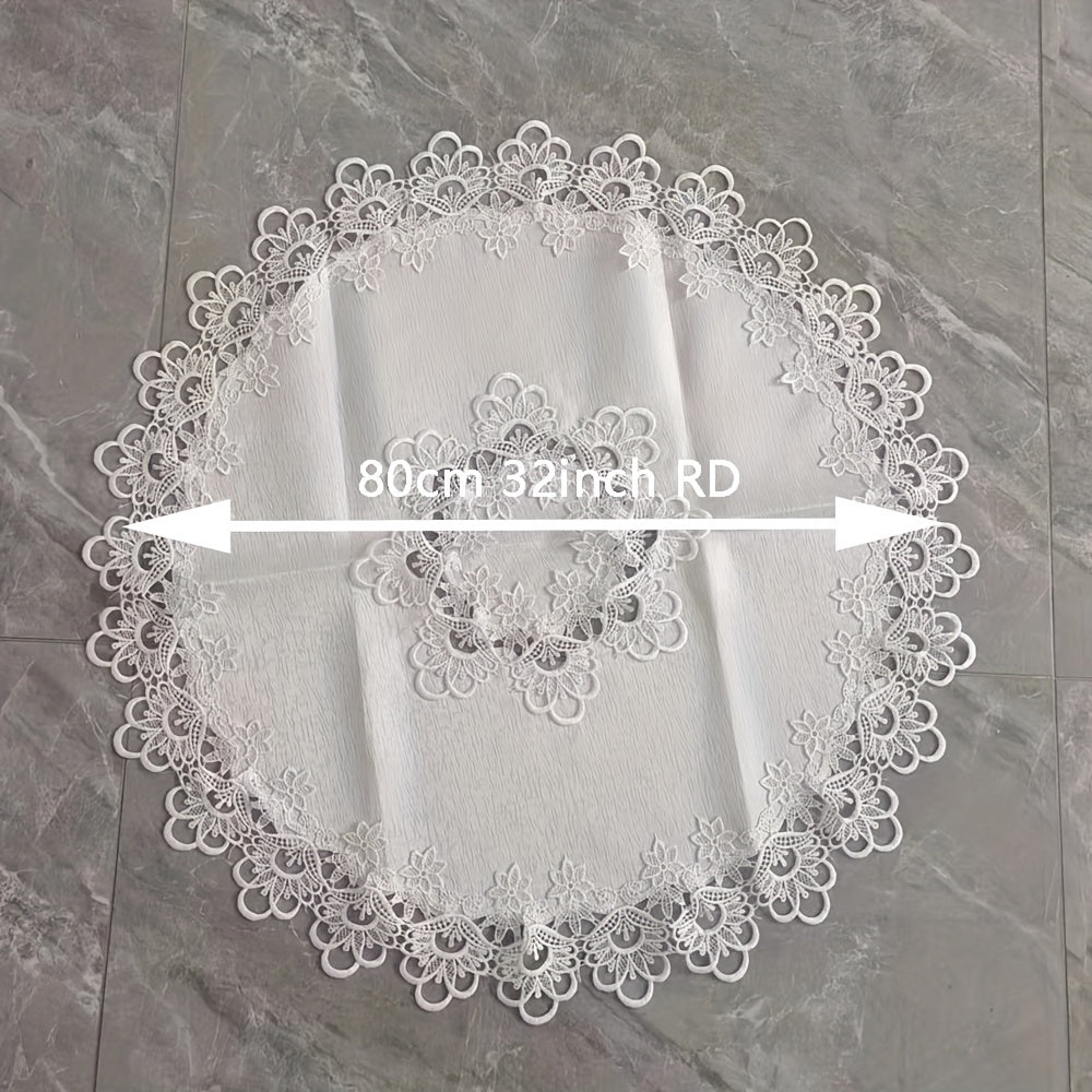 White Polyester Round Tablecloth 32 Inch Diameter Floral Design for Holiday Decor