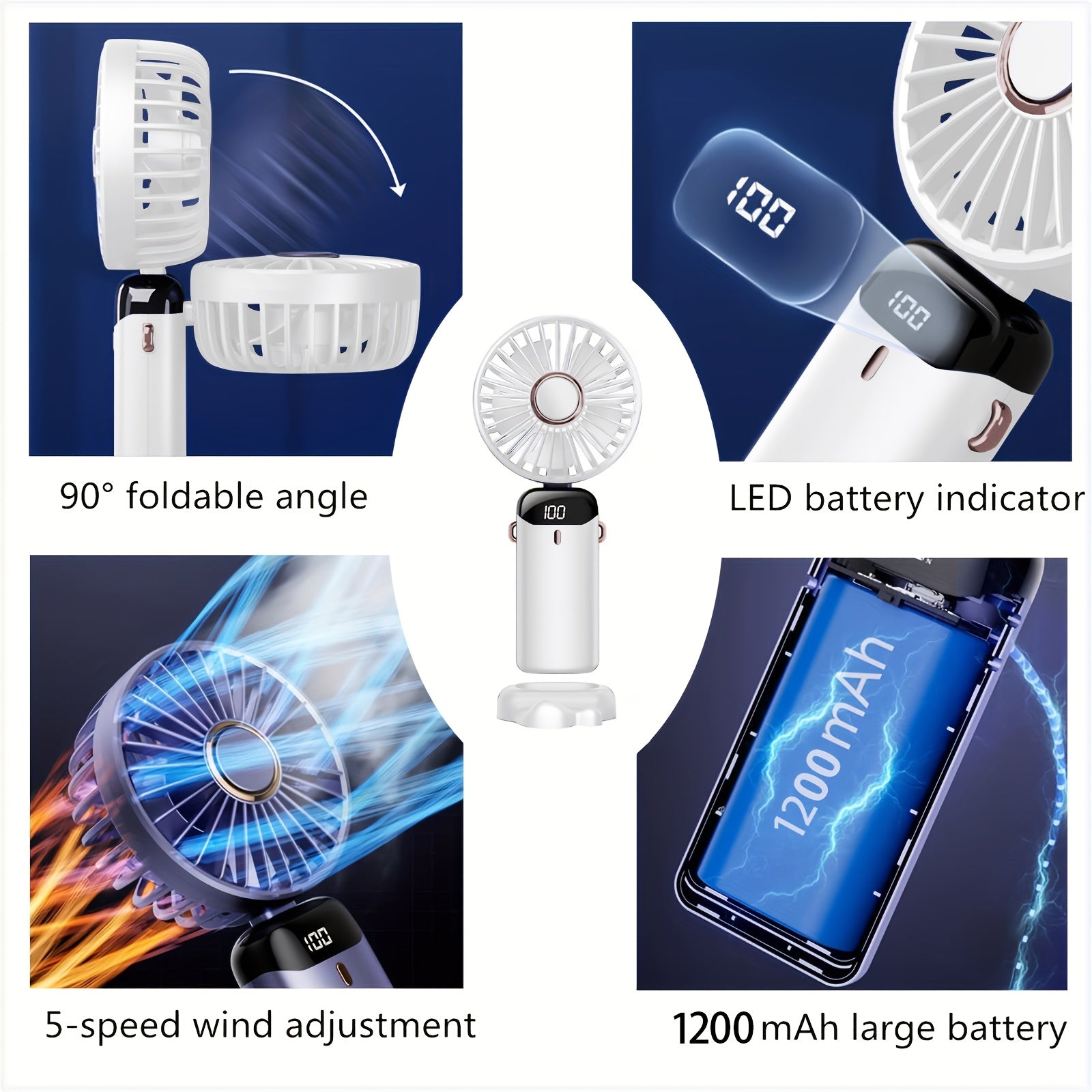 Mini USB Fan with 5 Speeds, Battery Indicator, Portable for Work and Outdoors