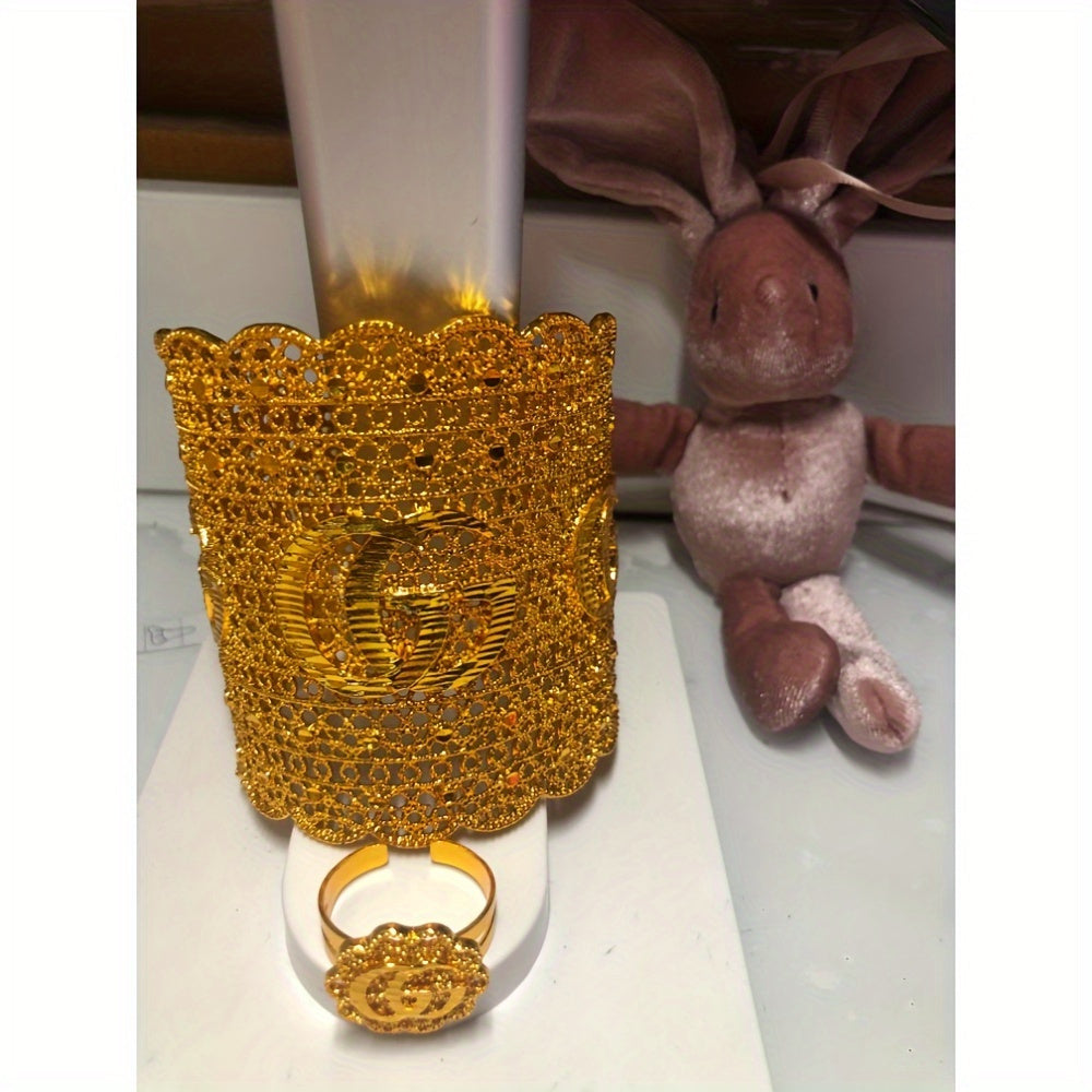 Set of 2 Copper Jewelry Pieces Open Cuff Bracelet and Ring Filigree Design for Special Occasions