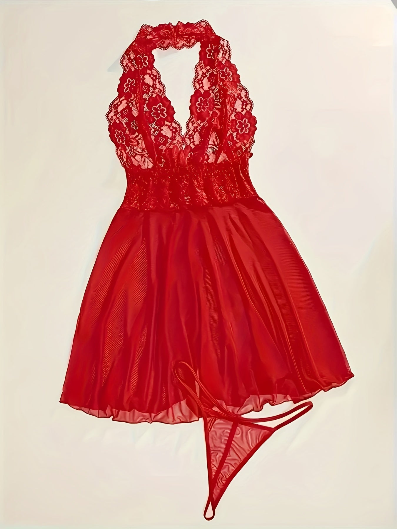 Lingerie Set with Lace Flower Pattern Semi-Sheer Deep V Dress and Thong