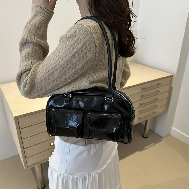 Zamonaviy ayollar uchun retro yelka sumkasi, katta sig'imli, porloq qoplama, zip yopilishi, bir rangda (qora/kolada/oq/ko'k). Ishga borish va har kuni foydalanish uchun ideal, yangilik sumkasi.