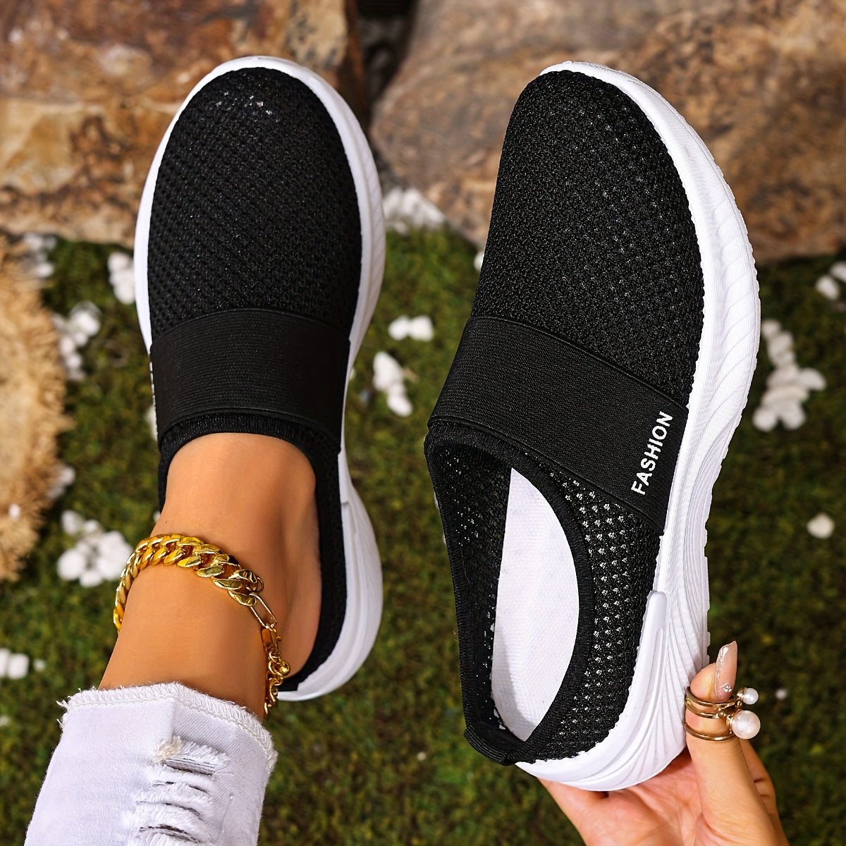 Women's White Slip-On Casual Sneakers Breathable Fabric Lightweight PVC