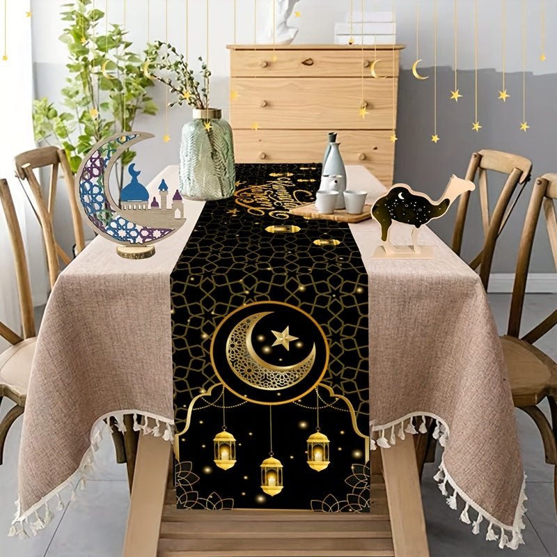 Eid Mubarak Table Runner 35x180cm Polyester Golden Moon Lantern Ramadan Decor